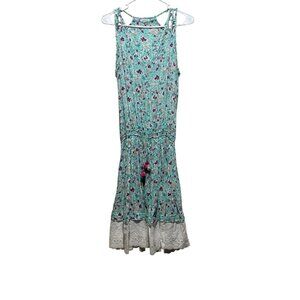 Poupette St.Barth Floral Midi Dress Women Small Aqua Elastic Waist Tassel Resort